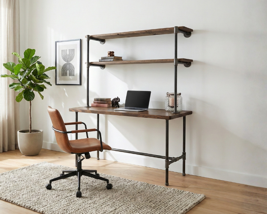 Steel and Wood Desk -  With 2 Wall Shelves