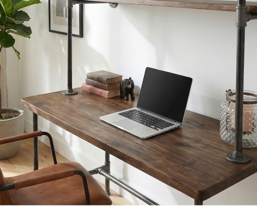 Steel and Wood Desk -  With 2 Wall Shelves