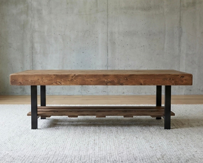 Steel and Wood Weathered Coffee Table With Shelf - Square Legs Style