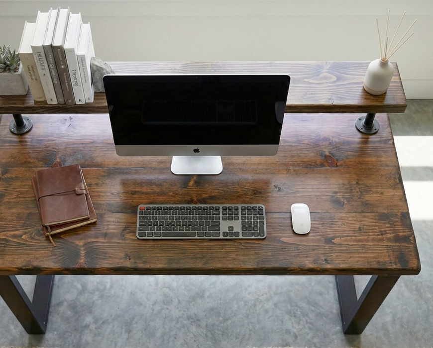 Steel and Wood Desk - Square Leg Style - Monitor Shelf