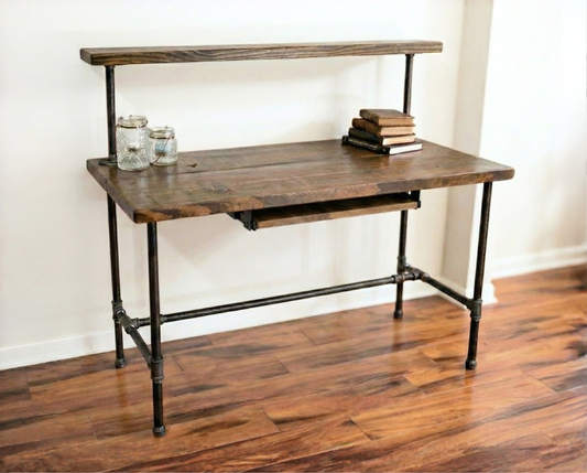 Steel and Wood Desk - Office Iron Pipe Desk with Monitor Shelf and Keyboard Tray - Shelf Height Options Listed in Description