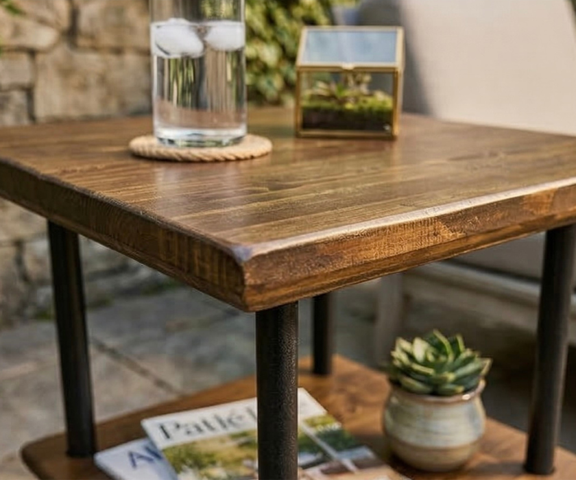 Outdoor Patio Steel and Wood Custom Edge Side Table with Shelf