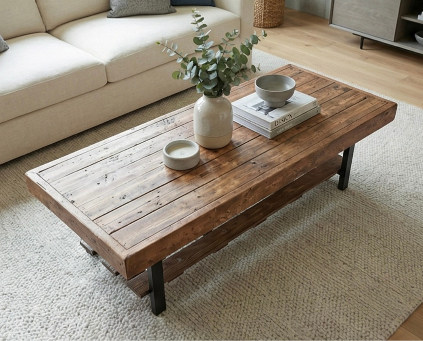 Steel and Wood Weathered Coffee Table With Shelf - Square Legs Style