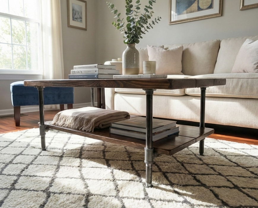 Steel and Pine Wood Coffee Table with Shelf Style 2