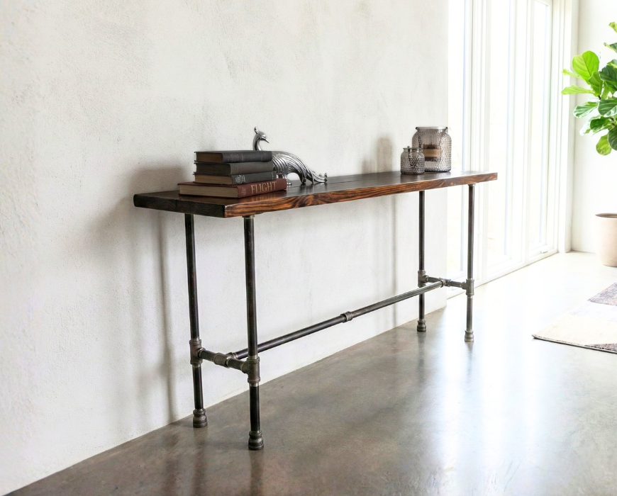 Steel and Pine Wood Long Console / Bar Table