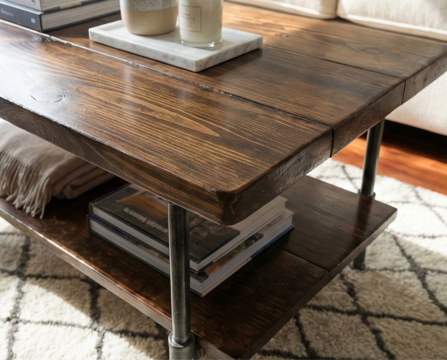 Steel and Pine Wood Coffee Table with Shelf Style 2