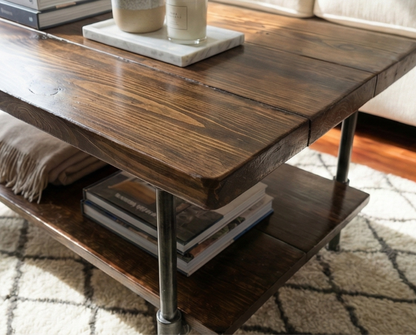 Steel and Pine Wood Coffee Table with Shelf Style 2