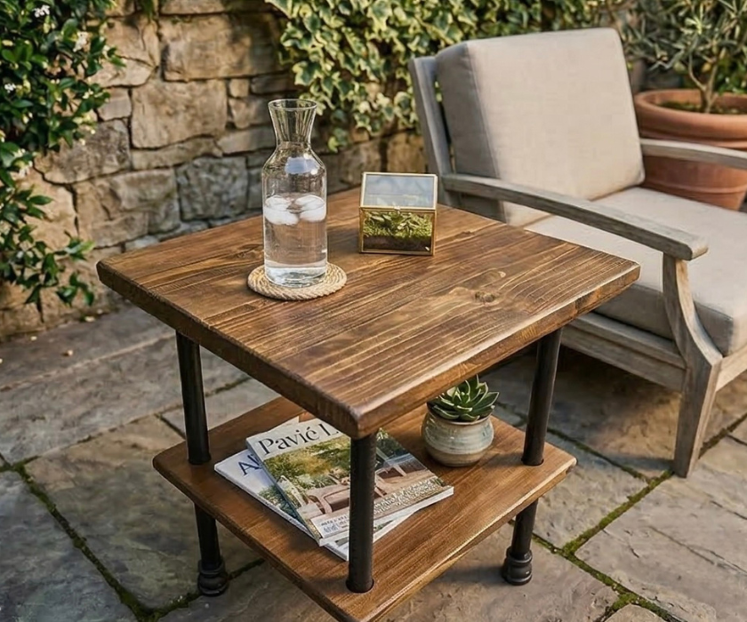 Outdoor Patio Steel and Wood Custom Edge Side Table with Shelf