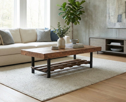 Steel and Wood Weathered Coffee Table With Shelf - Square Legs Style