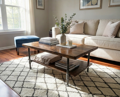 Steel and Pine Wood Coffee Table with Shelf Style 2