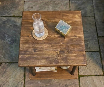 Outdoor Patio Steel and Wood Custom Edge Side Table with Shelf