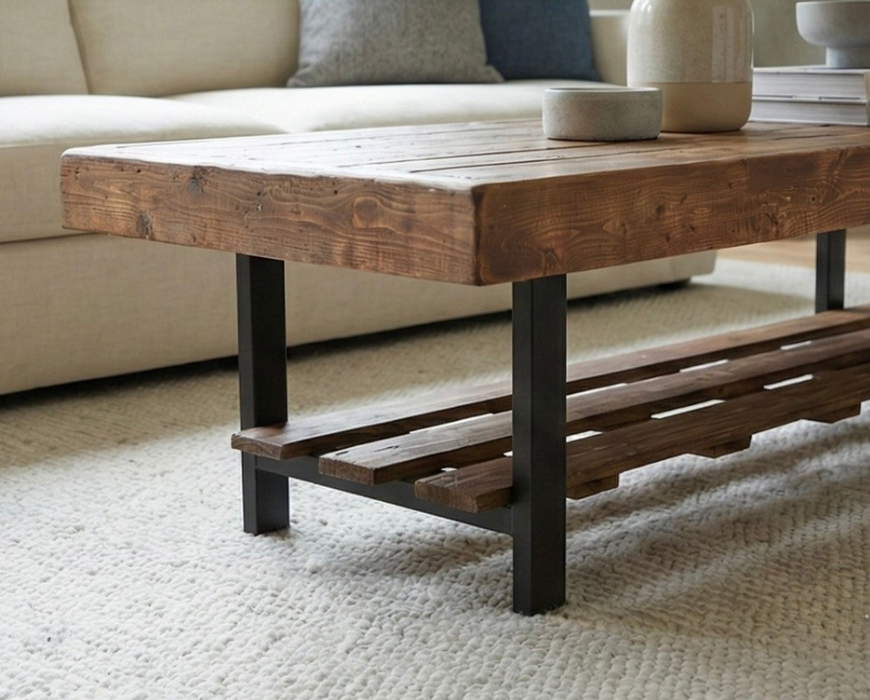 Steel and Wood Weathered Coffee Table With Shelf - Square Legs Style