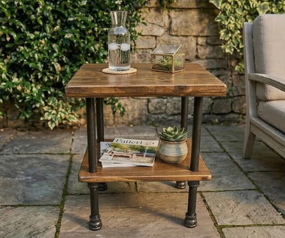 Outdoor Patio Steel and Wood Custom Edge Side Table with Shelf