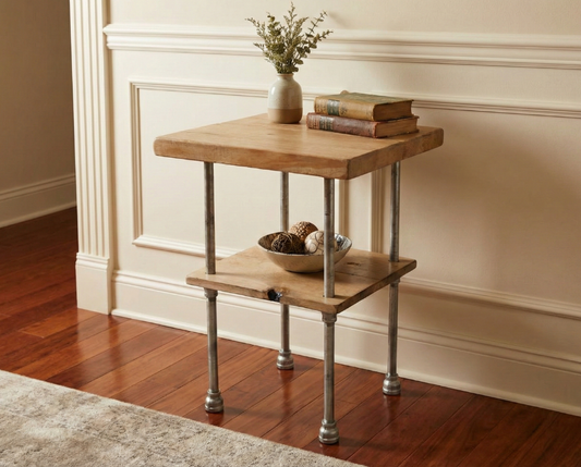 Steel and Pine Wood End Table