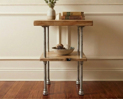 Steel and Pine Wood End Table