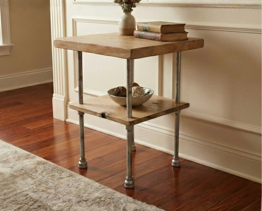 Steel and Pine Wood End Table