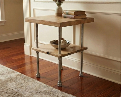 Steel and Pine Wood End Table