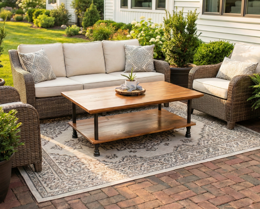 Outdoor Patio Steel and Wood Custom Edge Coffee Table with Shelf - Large Pipe - Free Outdoor Cover Included