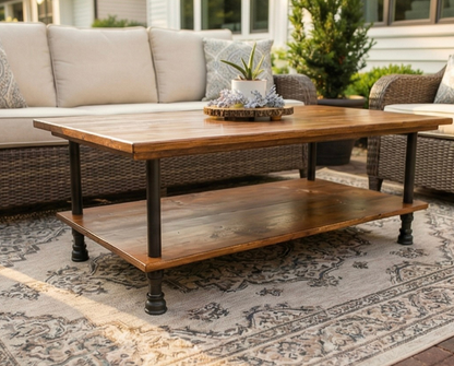Outdoor Patio Steel and Wood Custom Edge Coffee Table with Shelf - Large Pipe - Free Outdoor Cover Included