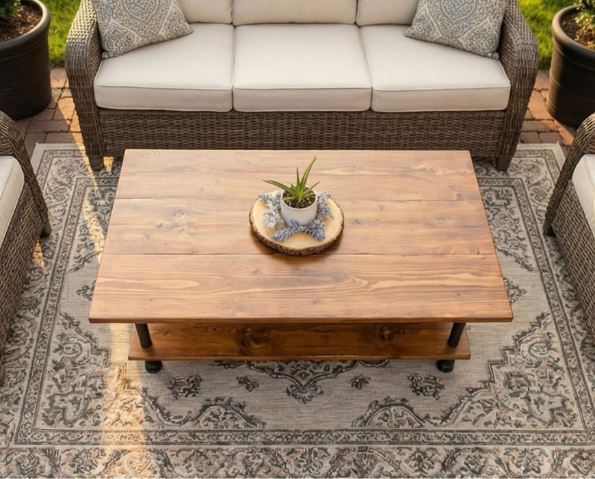 Outdoor Patio Steel and Wood Custom Edge Coffee Table with Shelf - Large Pipe - Free Outdoor Cover Included