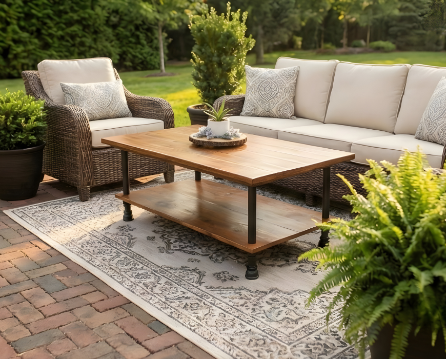 Outdoor Patio Steel and Wood Custom Edge Coffee Table with Shelf - Large Pipe - Free Outdoor Cover Included
