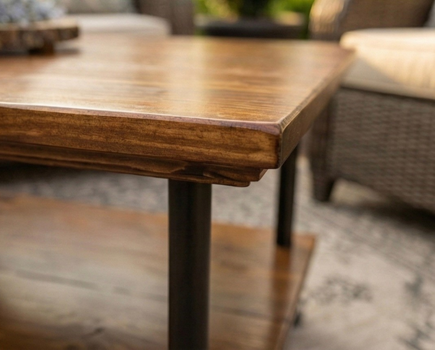 Outdoor Patio Steel and Wood Custom Edge Coffee Table with Shelf - Large Pipe - Free Outdoor Cover Included