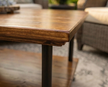 Outdoor Patio Steel and Wood Custom Edge Coffee Table with Shelf - Large Pipe - Free Outdoor Cover Included