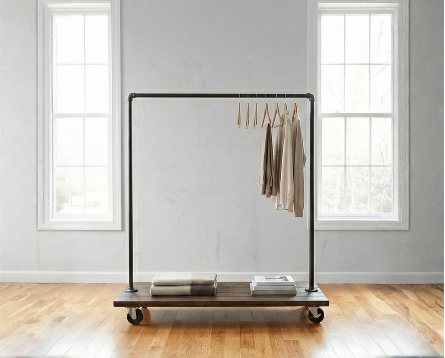 Steel and Wood Clothing Rack with Industrial Casters