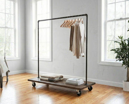 Steel and Wood Clothing Rack with Industrial Casters