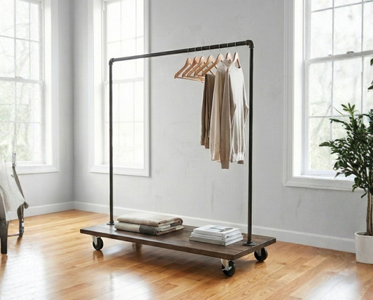 Steel and Wood Clothing Rack with Industrial Casters