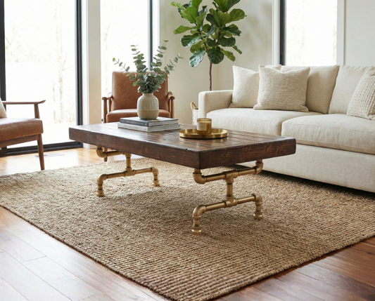 Steel and Wood Weathered Coffee Table with Gold Finish