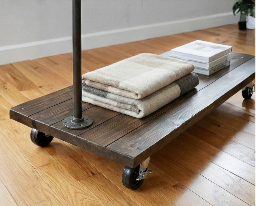 Steel and Wood Clothing Rack with Industrial Casters