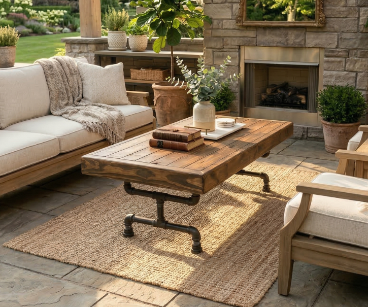 Outdoor Patio Steel and Wood Weathered Coffee Table  - Large Pipe - Free Outdoor Cover Included
