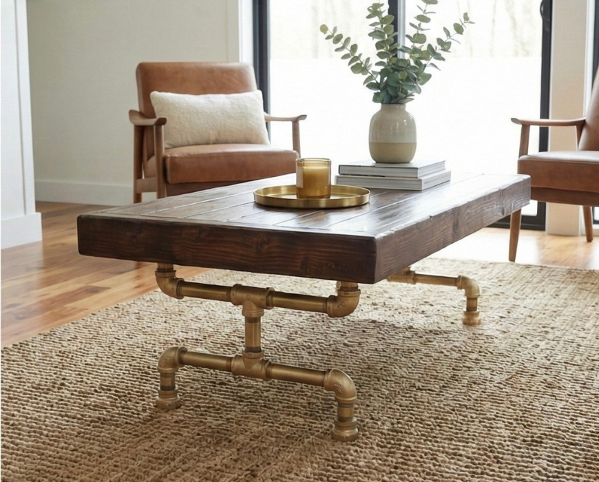 Steel and Wood Weathered Coffee Table with Gold Finish