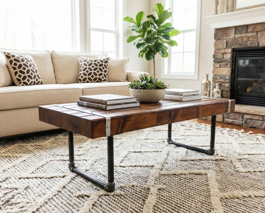 Steel and Wood Coffee Table - 3.5in Thick Table Top