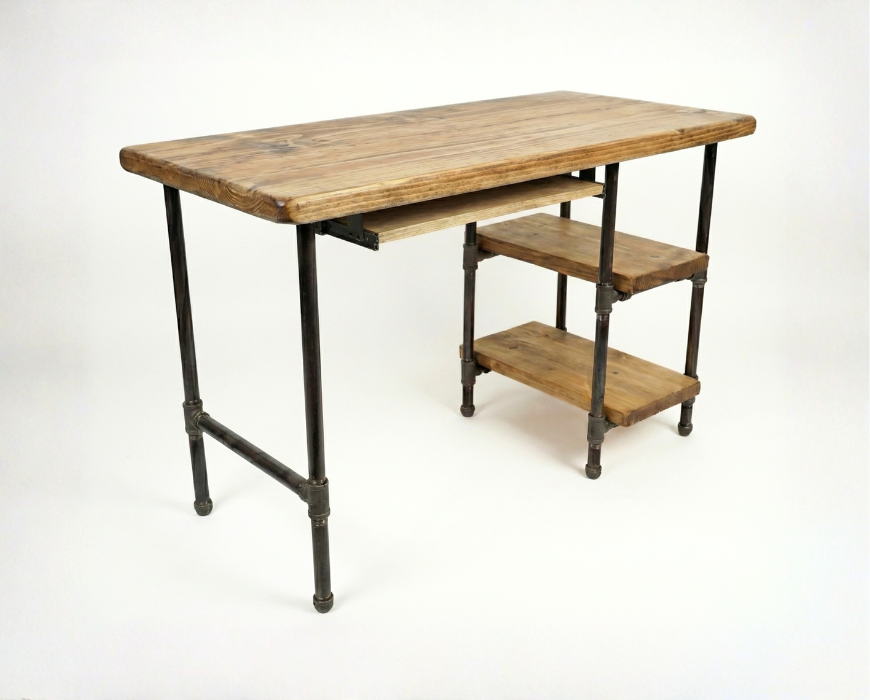 Steel and Wood Desk - 2 Shelves and Keyboard Tray