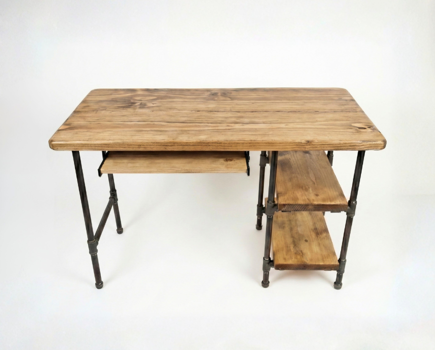 Steel and Wood Desk - 2 Shelves and Keyboard Tray