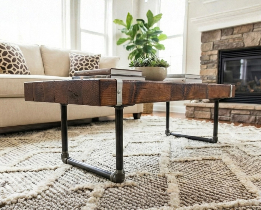 Steel and Wood Coffee Table - 3.5in Thick Table Top