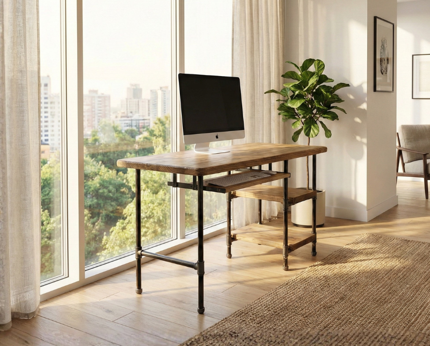 Steel and Wood Desk - 2 Shelves and Keyboard Tray