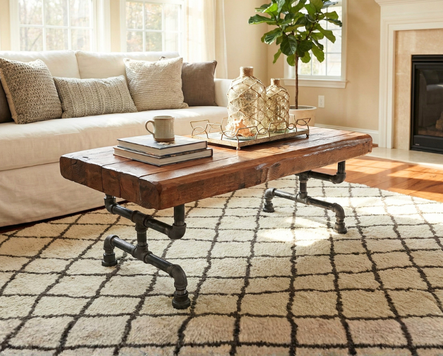 Steel and Cedar Wood Coffee Table - 3.5in Thick Table Top