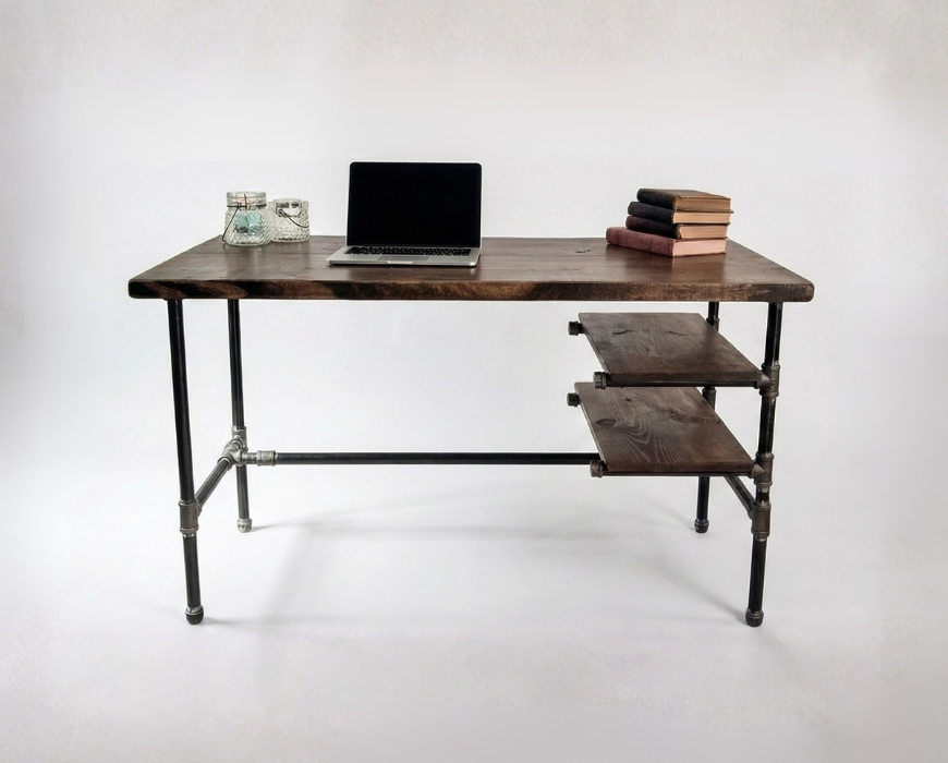 Steel and Wood Desk - Office Iron Pipe Desk with 2 Shelves