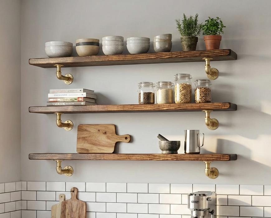 Steel and Pine Floating Shelf - Gold Finish