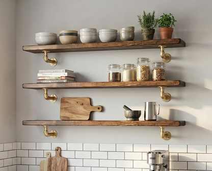 Steel and Pine Floating Shelf - Gold Finish