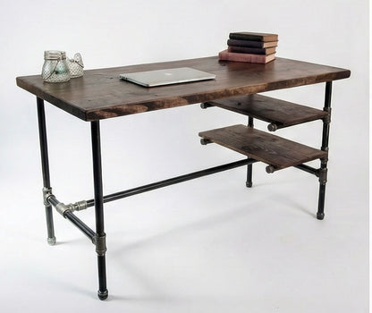 Steel and Wood Desk - Office Iron Pipe Desk with 2 Shelves