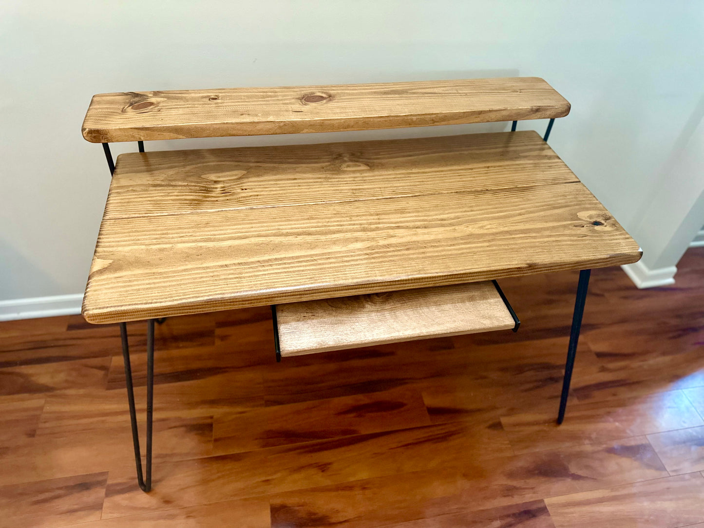 Steel and Wood Desk - Monitor Shelf - Keyboard Tray - Real Wood Furniture