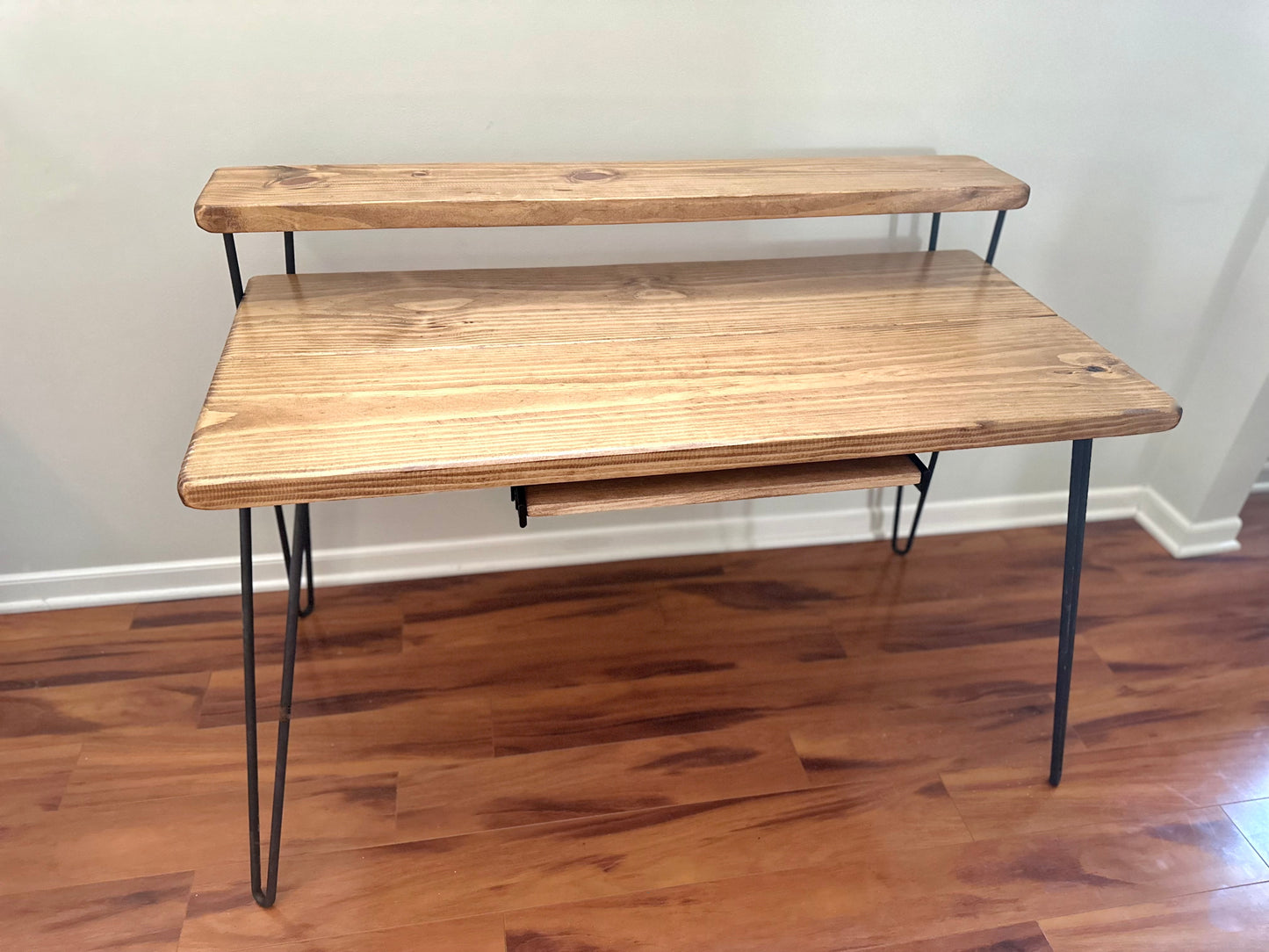 Steel and Wood Desk - Monitor Shelf - Keyboard Tray - Real Wood Furniture