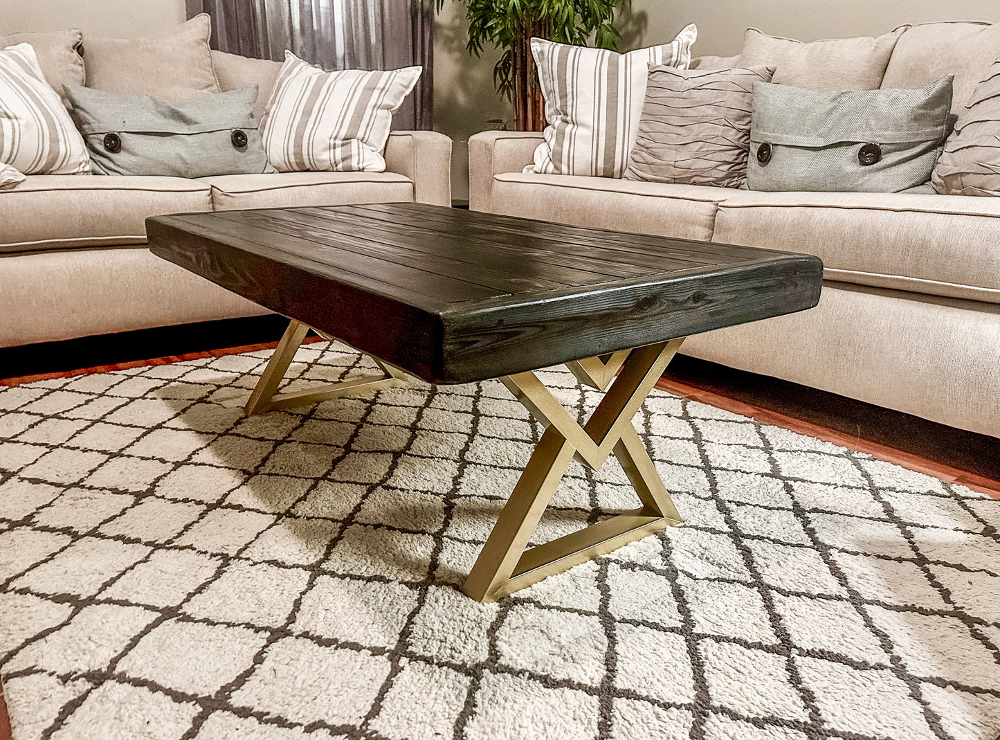 Steel and Pine Wood Weathered Coffee Table - Gold Square Steel Legs