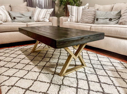 Steel and Pine Wood Weathered Coffee Table - Gold Square Steel Legs