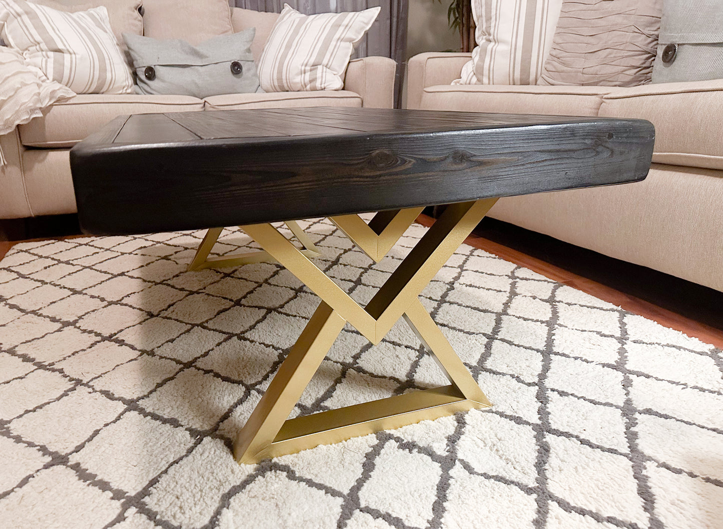 Steel and Pine Wood Weathered Coffee Table - Gold Square Steel Legs