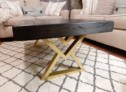 Steel and Pine Wood Weathered Coffee Table - Gold Square Steel Legs